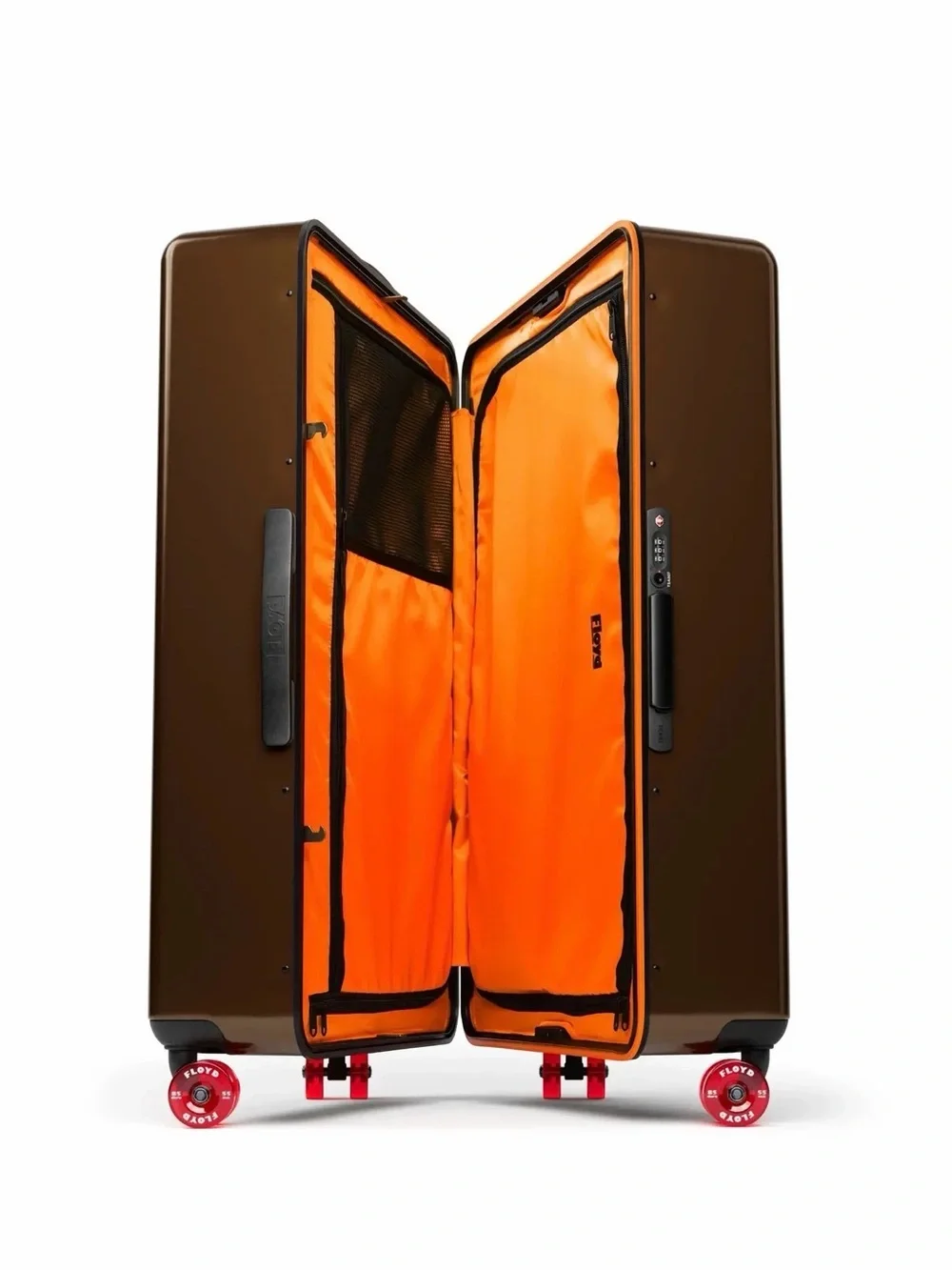 Floyd Brown Hardshell Suitcase with Bright Orange Interior and Red Wheels